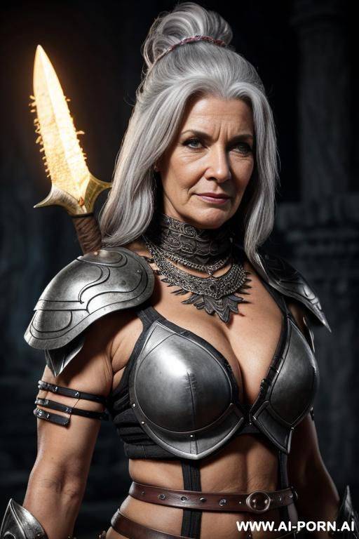 fantasy setting, old mature female barbarian, grey hair - #main