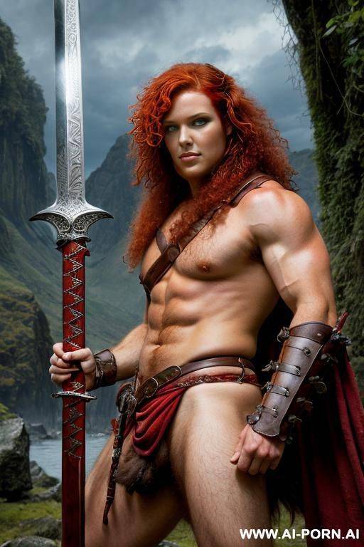 fantasy setting, barbarian, curly red hair, strong pose, holding sword, hairy red pubes - #main