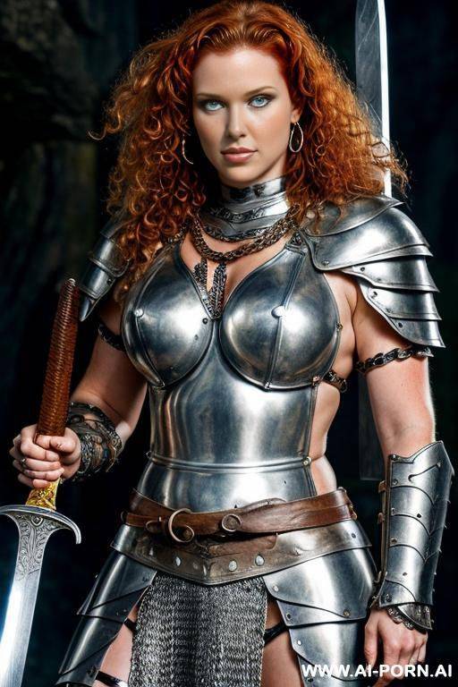 fantasy setting, female barbarian, curly ginger hair, silver chain mail, armor, strong pose, holding sword, - #main