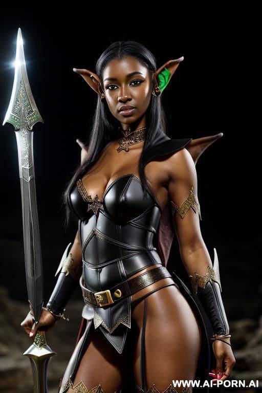 fantasy setting, (((black skinned elf))), ((wearing elf armor)), holding sword - #main