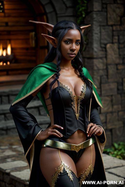 fantasy setting, (((black skinned elf))), ((wearing elf robes, )), holding bow - #main