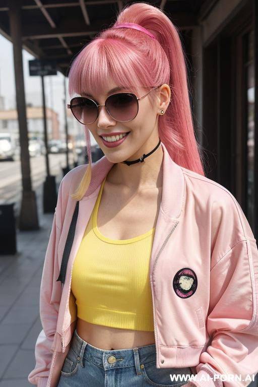 1, soft facial features, h, dyed pink hair that she ties back with ribbon into a high ponytail with blunt bangs and two strands that frame her face. she wears an open yellow varsity - #main