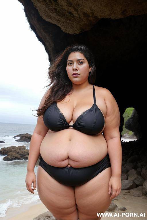 a huge fat woman, she can hardly walk she is so fat, huge obese body, she is wearing a huge black bikini, she is standing by a cave by the ocean - #main