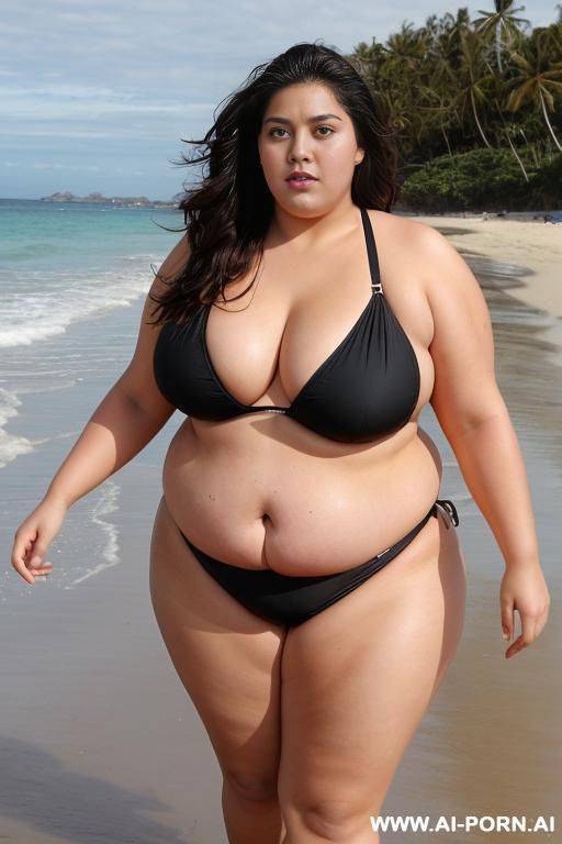 a huge fat woman, she can hardly walk she is so fat, huge obese body, she is wearing a huge black bikini, she is walking on the beach, she is so fat - #main