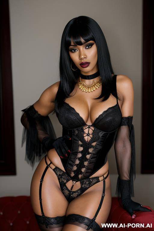 black lipstick, black skin masculine woman, masculine woman, mature, heavy eye make up, long black hair, red and black lace garter belt, red lace stockings, black bodysuit, black gloves, gold key necklace - #main