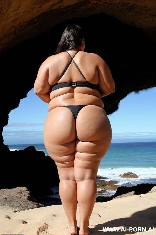 a huge fat woman, she can hardly walk she is so fat, huge obese body, she is wearing a huge black bikini, she is standing by a cave by the ocean, back view, view from behind her - #main