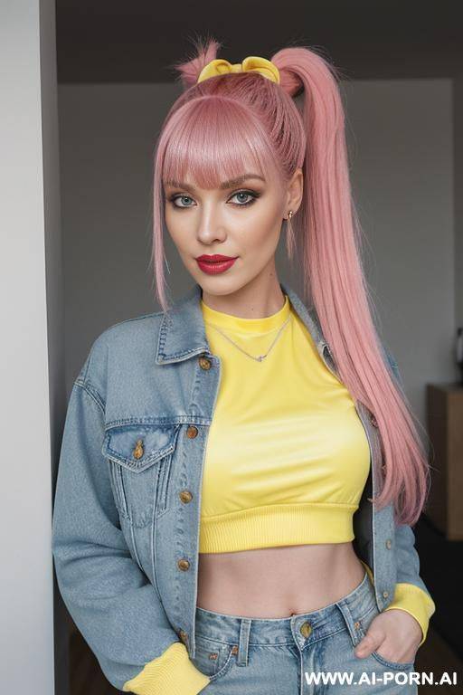 1, soft facial features, skin, dyed pink hair that she ties back with ribbon into a high ponytail with blunt bangs and two strands that frame her face. she wears an open yellow varsity - #main