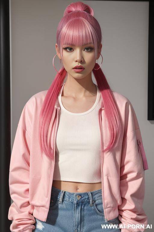 1, soft facial features, h, dyed pink hair that she ties back with ribbon into a high ponytail with blunt bangs and two strands that frame her face. she wears an open yellow varsity jacket, crop top, denim shorts, sneakers, yellow nail polish. - #main