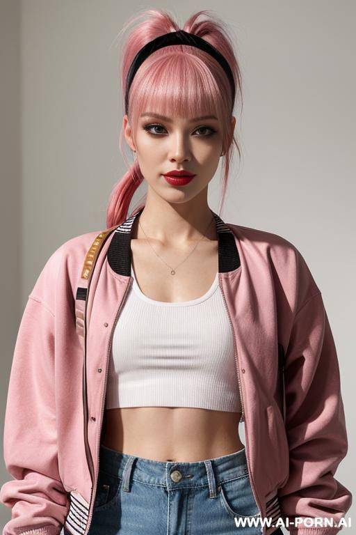 1, soft facial features, skin, dyed pink hair that she ties back with ribbon into a high ponytail with blunt bangs and two strands that frame her face. she wears a varsity jacket, crop top, denim shorts, sneakers. she is slightly smirking with her lips. - #main