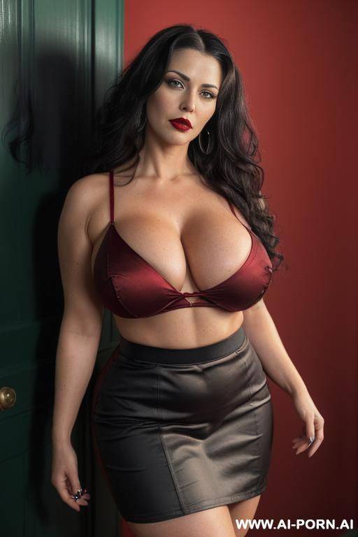 ((sexy, hot, attractive milf)) ((realistic milf, mature woman, gothic woman)) ((sexy standing position, direct eye contact, red lipstick, black long wavy hair )) (((saggy tits))) (wide hips, massive - #main