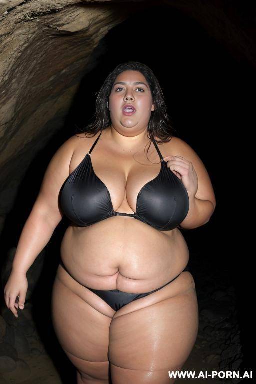 a huge fat woman, she can hardly walk she is so fat, huge obese body, she is wearing a huge black bikini, she is inside a very dark cave, a man is pulling her top off with his hands, she is fighting him off of her - #main