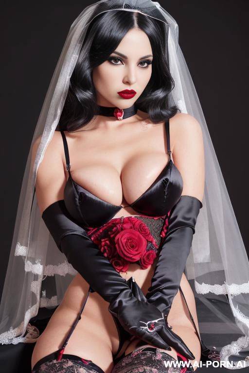 ((naked body)), ((shaved pussy)), agressive makeup, red lipstick, ( skin), (((black stockings))), (((black satin elbow lenght gloves))), (((black bride veil))), ((pressing large bouquet of red roses to her chest)) - #main