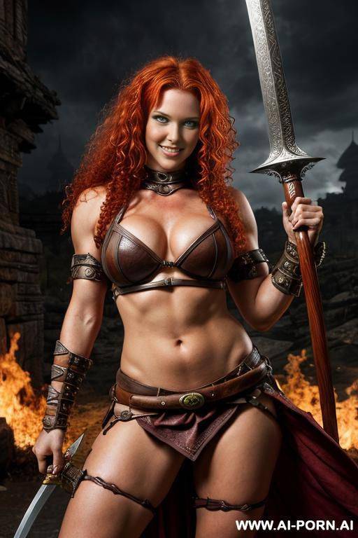 fantasy setting, (((female))) barbarian, curly red hair, strong pose, holding sword, - #main