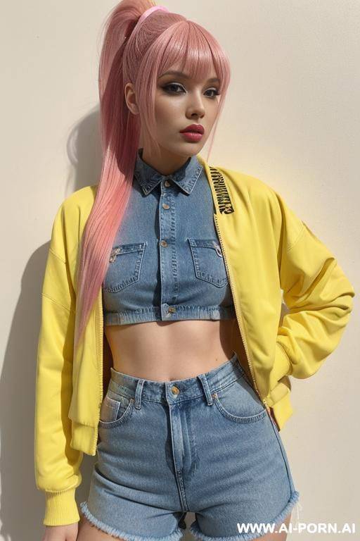 1, soft facial features, skin, skin, dyed pink hair that she ties back with ribbon into a high ponytail with blunt bangs and two strands that frame her face. she wears an open yellow - #main