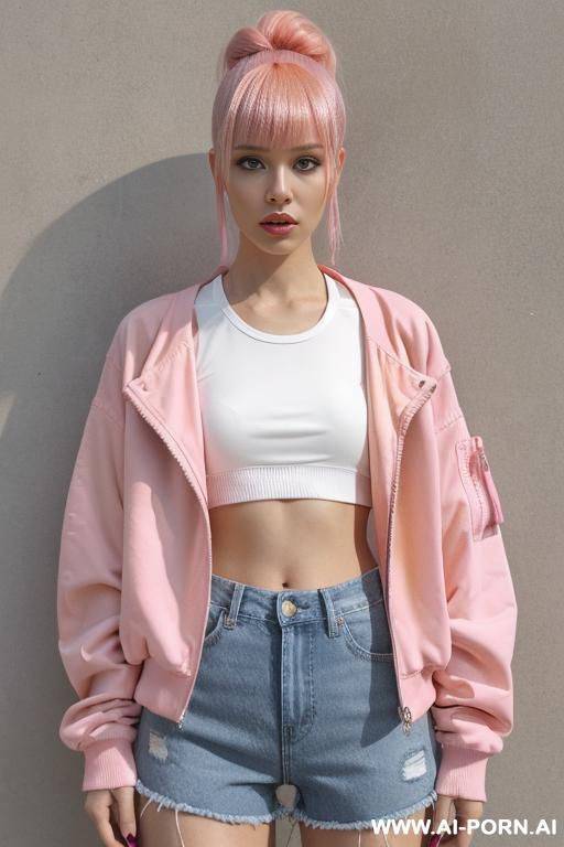 1, soft facial features, skin, dyed pink hair that she ties back with ribbon into a high ponytail with blunt bangs and two strands that frame her face. she wears an open yellow varsity jacket, yellow crop top, denim shorts, sneakers, yellow nail polish. - #main