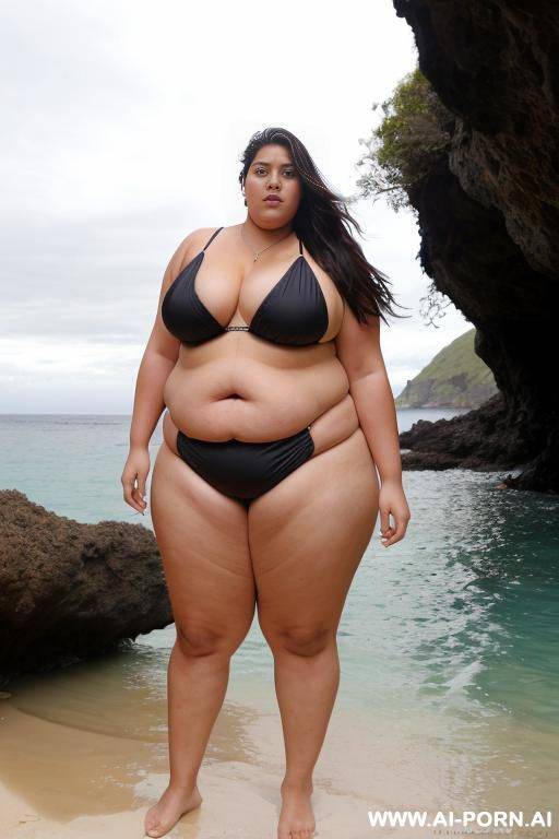 a huge fat woman, she can hardly walk she is so fat, huge obese body, she is wearing a huge black bikini, she is standing by a cave by the ocean, back view - #main