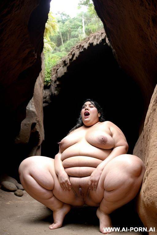 a huge fat woman, she can hardly walk she is so fat, huge obese body, she is naked, she is having sex with a man, he is behind her, he is pounding her hard, they are inside a dark cave, she is screaming - #main