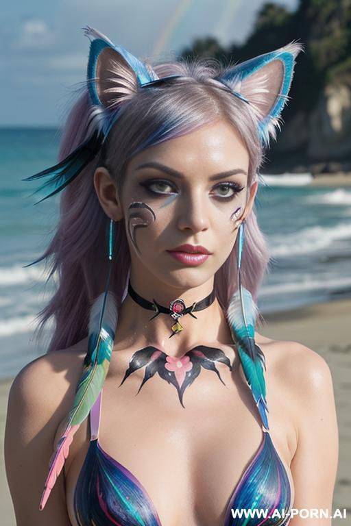 face, sexy, beautiful, ((evil woman)), ((face painting)), ((body painting)), ((bikini as seashell)), ((fantasy bikini)), ((roses)), ((eyes shw)), ((angel wings)), ((choker)), ((rainbow hair)), (( makeup)), - #main