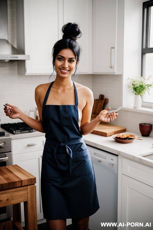 white skin coloured indian woman cooking in the kitchen naked with apron. - #main