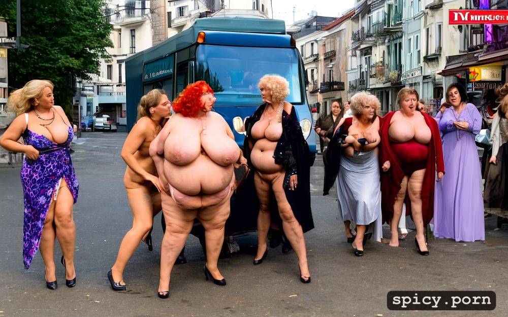 shaggy hanging boobs, ultra detailed, obese prostitute granny group kissing sucking in busy street - #main