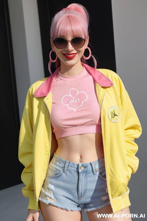 1, dyed pink hair that she ties back with ribbon into a high ponytail with blunt bangs and two strands that frame her face. she wears an open yellow varsity jacket, crop top, denim - #main