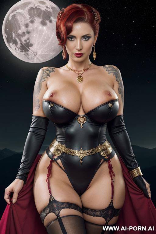 goddess of universe, firey wings, (((show curvy boobs, pussy))), red hair, strapless red dress, ruby earrings, ruby necklace, (((gold shoulder armor))), gold bracelets, space temple - #main