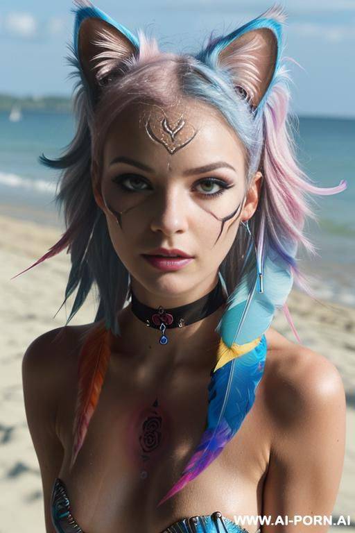 face, sexy, beautiful, sensual, ((evil woman)), ((face painting)), ((body painting)), ((bikini as seashell)), ((fantasy bikini)), ((roses)), ((eyes shw)), ((angel wings)), ((choker)), ((rainbow hair)), (( - #main