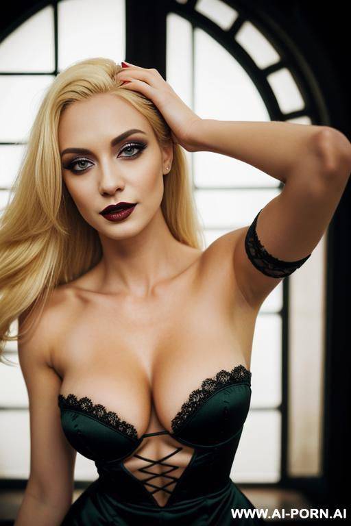 vampire look. bright red eyes. wearing a sexy long black dress, topless with hands holding breasts, seductive smile - #main