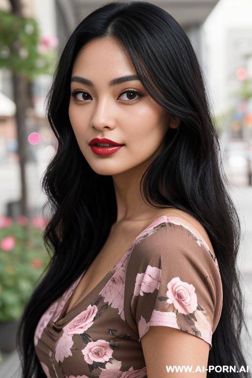 "create a portrait of a woman with long black hair, deep brown eyes, and a m tan complexion. she has a natural blush, full lips with rose-red lipstick, and subtle makeup. she’s wearing a - #main