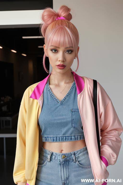 1, soft facial features, skin, skin, dyed pink hair that she ties back with ribbon into a high ponytail with blunt bangs and two strands that frame her face. she wears an open yellow - #main