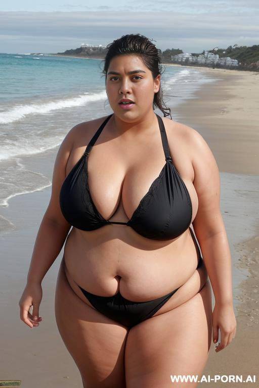 a huge fat woman, she can hardly walk she is so fat, huge obese body, she is wearing a huge black bikini, she is walking on the beach, she is so fat - #main