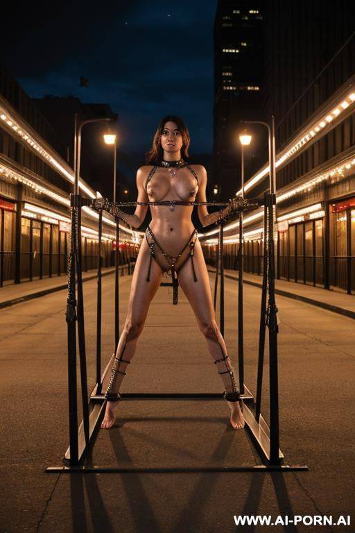 totally naked, barefoot, pussy, bondage, tied, metal restraints, chains, bars, fetters, metal collar, stand, spread wide, night, city plaza - #main