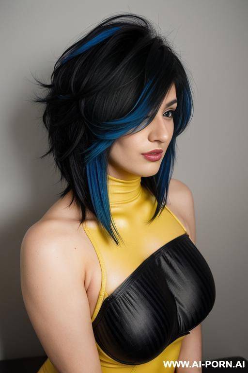 woman blue and yellow bodysuit checkerboard flag, (((huge boobs))) - #main