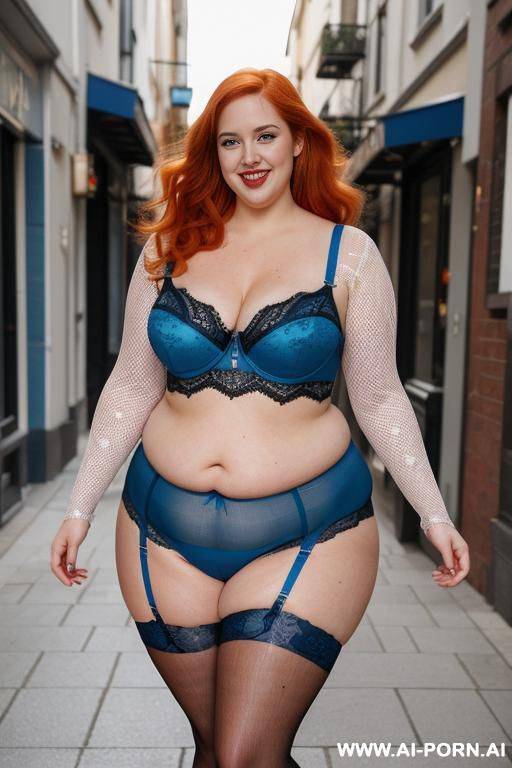 full body photo shot, about a fat bbw curvy woman with love handless and tummy walking on the street, wearing a sexy and hot blue lace stocking lingeries. - #main