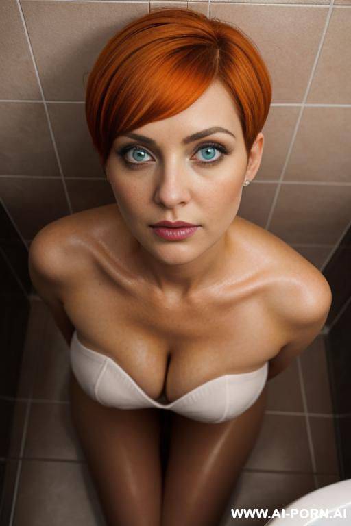 bathroom, on her knees, eye contact, from above, begging face, dark eye color=2, big eyes, short hair, orange hair - #main