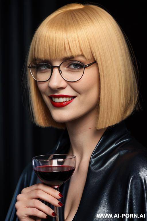 cap, smiling, spanish, twenty years old, blonde hair, bobcut hair with bangs, blue eyes, big boobs, vampire, 1 woman and 1 man, suck dick, normal body, church, glasses. - #main