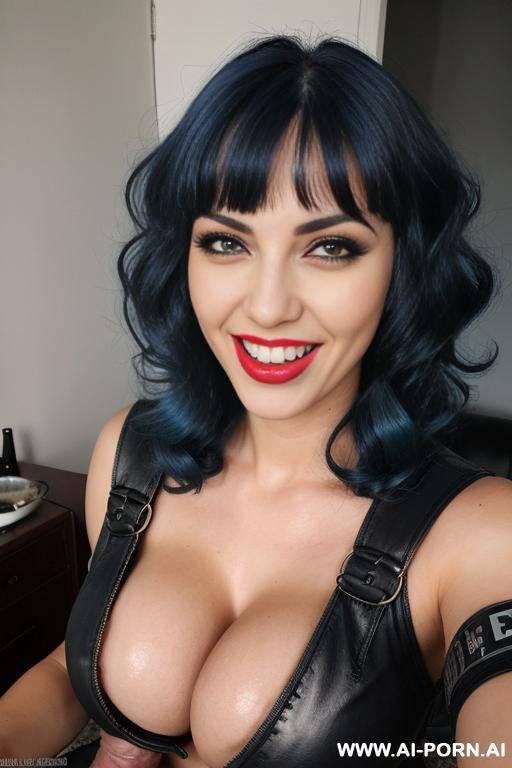 (fellatio to big cock), (sucking big cock) smiling, (blue hair), (blowjob to big cock), bangs, curly, (big boobs), (military outfit), (medium full shot). - #main