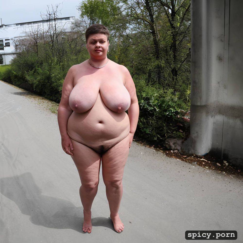 completely huge floppy saggy breasts on obese 50 years old posh russian woman large hairy cunt fat very stupid cute face with small nose much makeup semi short hair standing straight in - #main