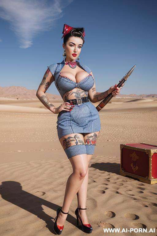 beautiful uighur woman shows off her breasts and beautiful erect nipples in the middle of the desert.uighur costume, holding​ weapon​ - #main