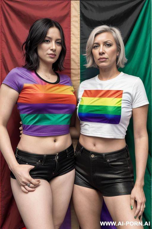 two lesbians, (((pride flag))) shirt - #main