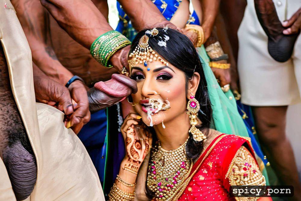 the standing beautiful indian bride in public takes a huge black dick in the mouth and get covered by cum all over his bridal dress and other people cheer the bride - #main