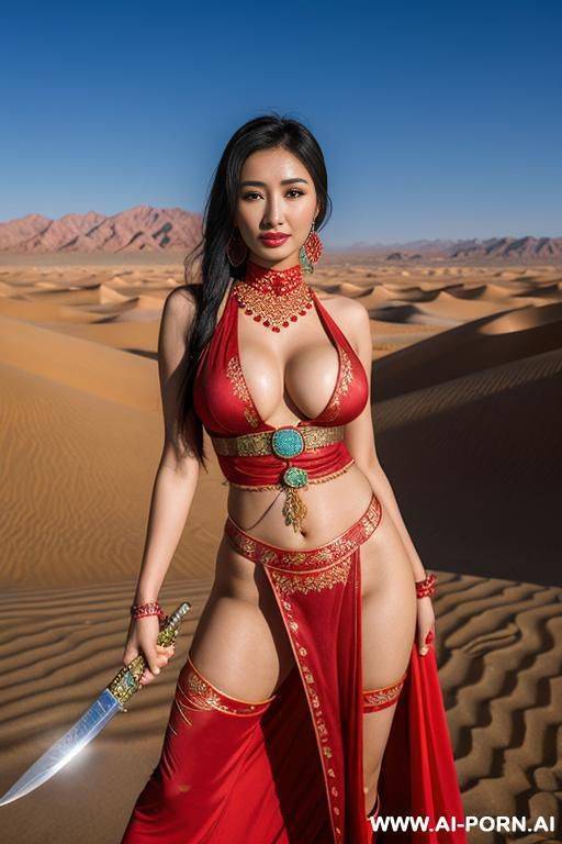 beautiful uighur woman shows off her breasts and beautiful erect nipples in the middle of the desert.red uighur costume, holding​ blade​, sexy​ pose, random, wearing​ amulets, show​ boobs​ - #main