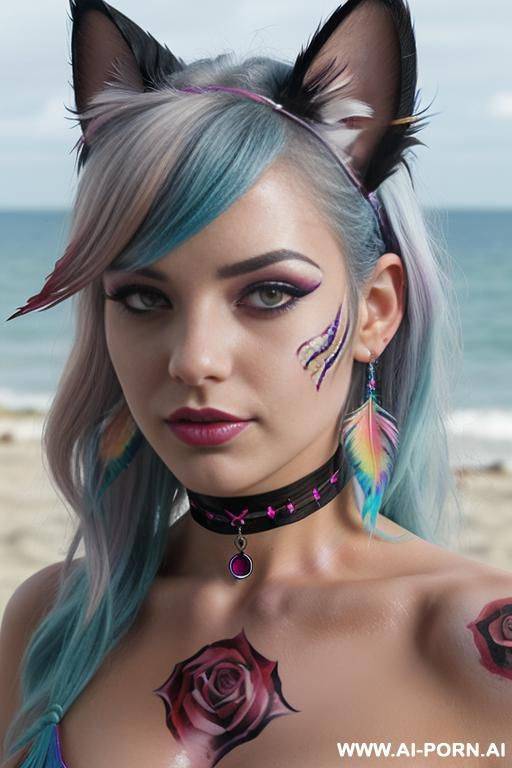 face, sexy, beautiful, ((evil woman)), ((face painting)), ((body painting)), ((bikini as seashell)), ((fantasy bikini)), ((roses)), ((eyes shw)), ((angel wings)), ((choker)), ((rainbow hair)), (( makeup)), - #main