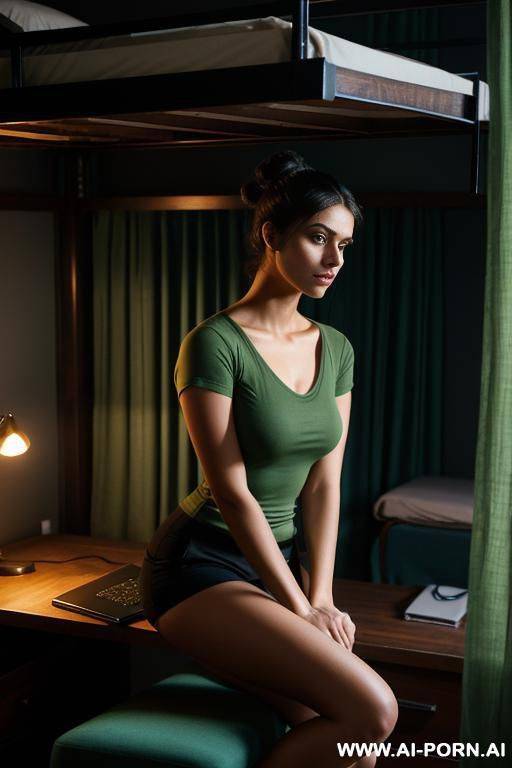 (place: bunk beds, dimly lit, dark); tight green shirt that shows off her figure, behind laptop - #main