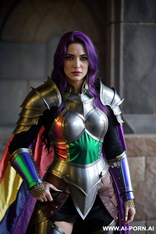 fantasy setting, wearing armor in (((pride colors))) - #main