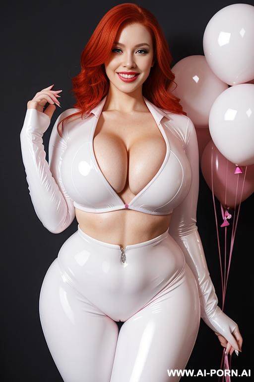 sexy redhead woman, seductive smile, huge chest, wide hips, hourglass figure, no body fat, white latex suit, cleavage, pink balloons - #main