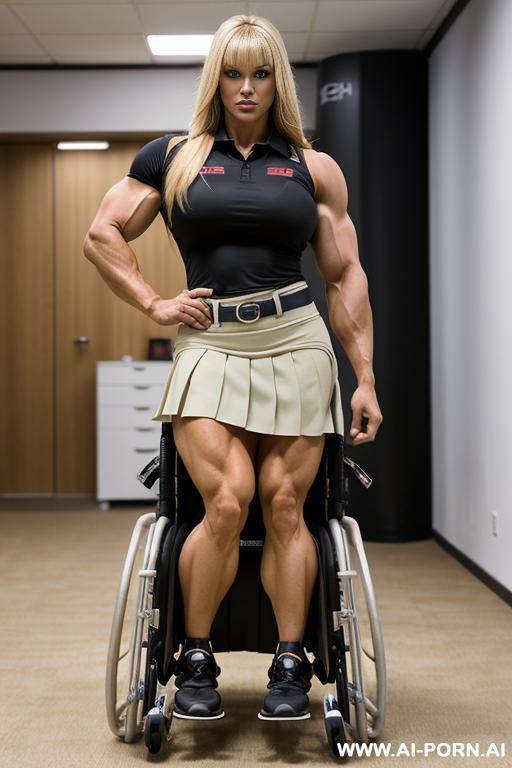 extremely tall volleyball player in (((wheelchair))), [legs],[thighs], [shins], [feet], (((skirt))) - #main