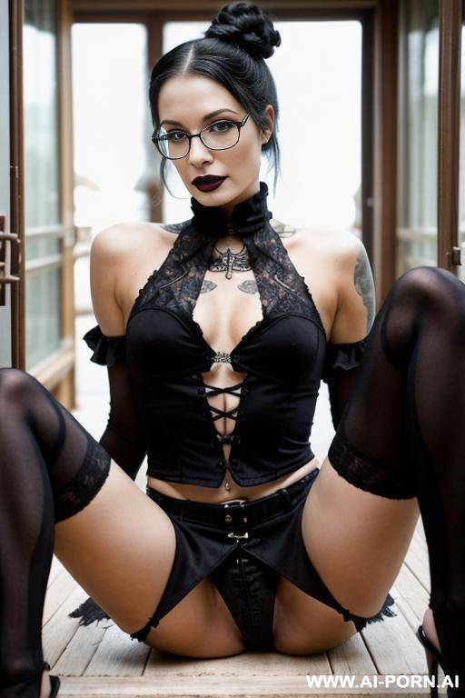 white, irish, blonde hair in bun, glasses with red frames, thick, saggy d cups, black lingerie - #main