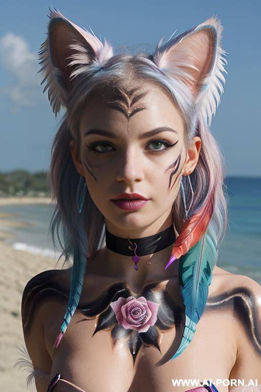 face, sexy, beautiful, ((evil woman)), ((face painting)), ((body painting)), ((bikini as seashell)), ((fantasy bikini)), ((roses)), ((eyes shw)), ((angel wings)), ((choker)), ((rainbow hair)), (( makeup)), - #main