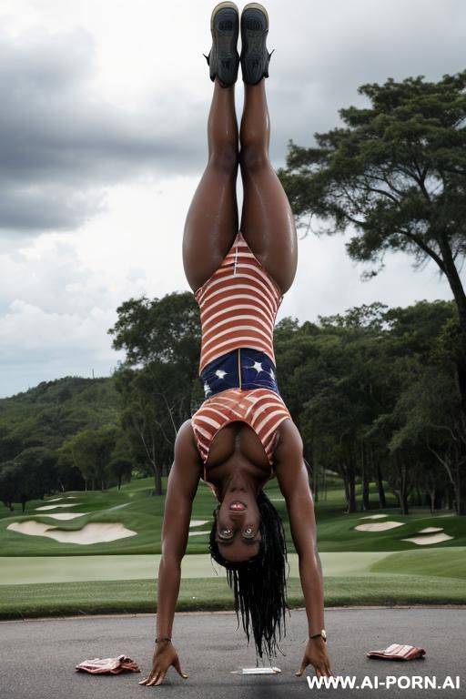 ebony wet damaged thick woman, naked wet natural thighs and torn clothes, women doing handstand up-side-down, handstand push-ups up-side-down backflip full body straight full body straight - #main